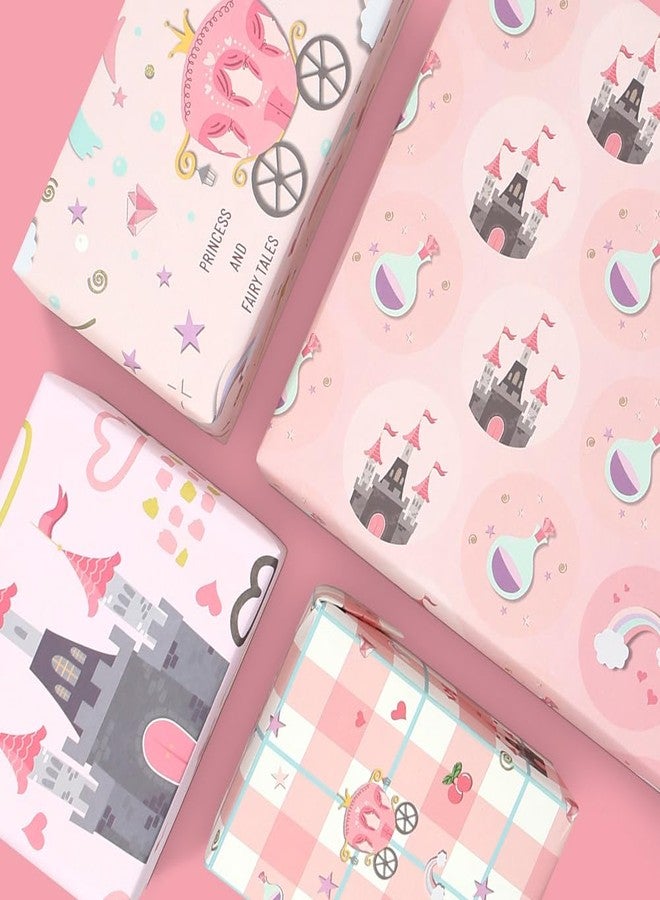 Unigift Pink Gift Wrapping Paper, 4 Folded Sheets Kraft Birthday Wrapping Paper Castle Carriage Fairy Tales Princess Magical Gift Wrap Paper 20x28 inch for Girl Women Birthday Party Baby Shower Christmas - Image 4